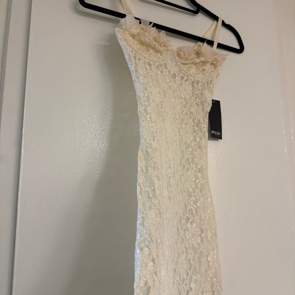 Nasty Gal Cream Lace Strapless Slip Dress with Floral Trim